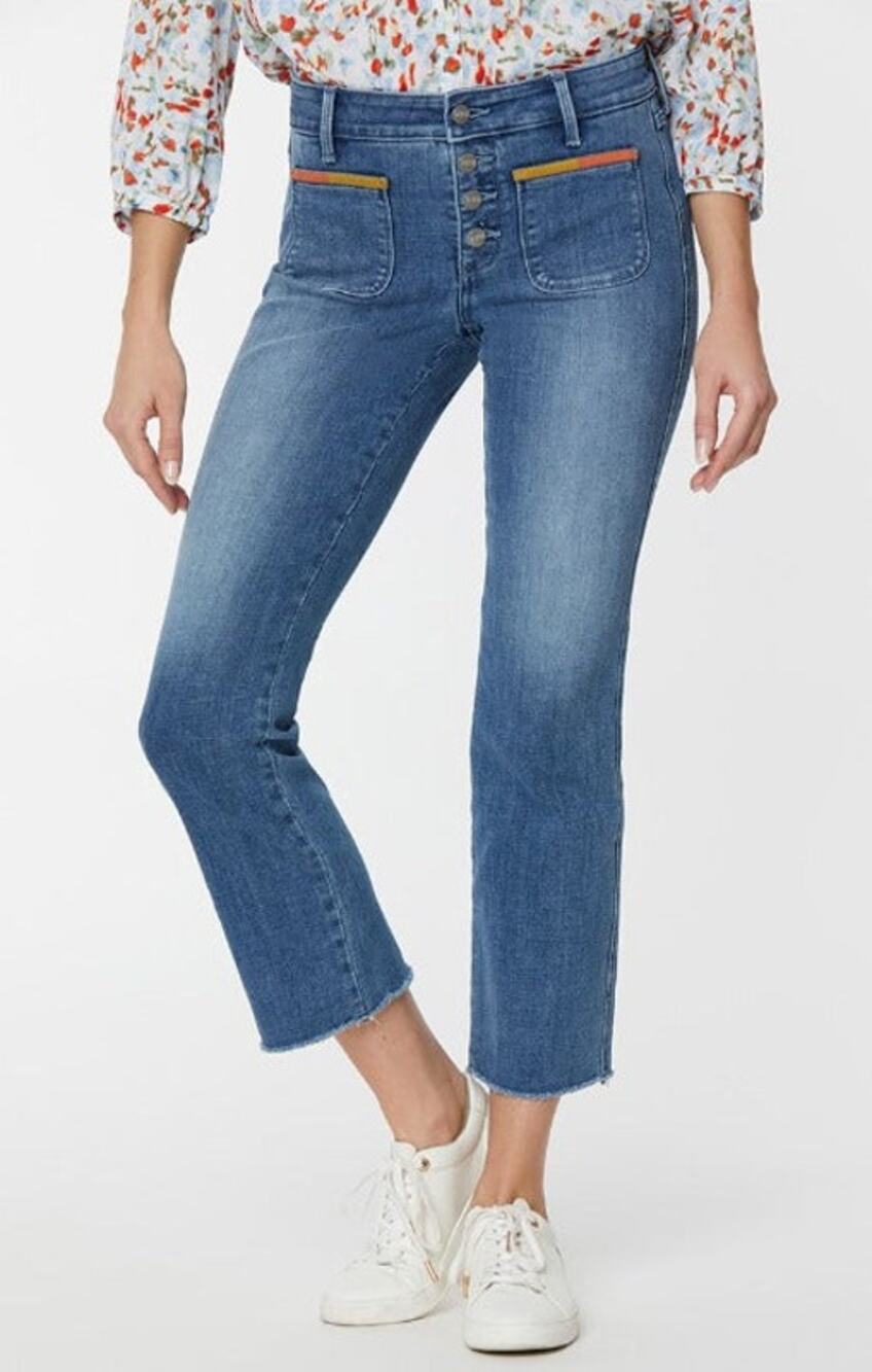 NYDJ Marilyn Straight Clean Horizon Raw Hem Multi Color Pocket Jeans 12